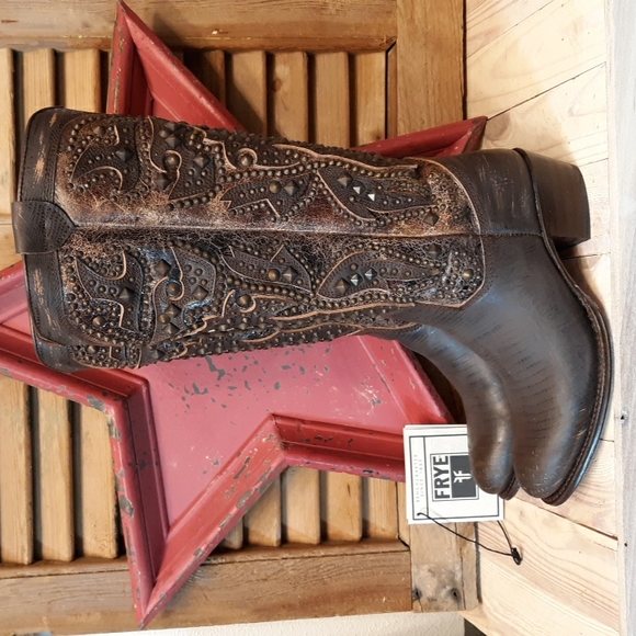 SALE!! FRYE Deborah Deco Dark Brown Tall Boots - Picture 4 of 14